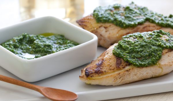 Grilled Salmon with Creamy Pesto Sauce