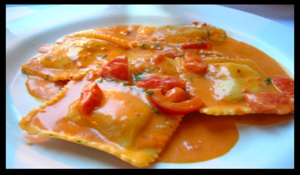 Lobster Ravioli in Tomato Cream Sauce with Shrimp